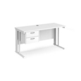 Maestro 25 straight desk 1400mm x 600mm with 2 drawer pedestal - white cable managed leg frame and white top