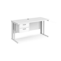 Maestro 25 straight desk 1400mm x 600mm with 2 drawer pedestal - white cable managed leg frame and white top