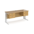 Maestro 25 straight desk 1600mm x 600mm with two x 2 drawer pedestals - white cable managed leg frame and oak top