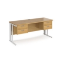 Maestro 25 straight desk 1600mm x 600mm with two x 2 drawer pedestals - white cable managed leg frame and oak top