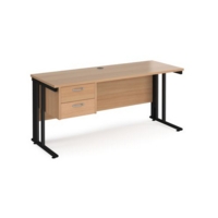 Maestro 25 straight desk 1600mm x 600mm with 2 drawer pedestal - black cable managed leg frame and beech top