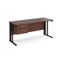Maestro 25 straight desk 1600mm x 600mm with 2 drawer pedestal - black cable managed leg frame and walnut top