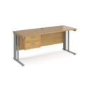 Maestro 25 straight desk 1600mm x 600mm with 2 drawer pedestal - silver cable managed leg frame and oak top