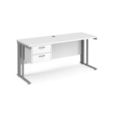 Maestro 25 straight desk 1600mm x 600mm with 2 drawer pedestal - silver cable managed leg frame and white top