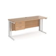 Maestro 25 straight desk 1600mm x 600mm with 2 drawer pedestal - white cable managed leg frame and beech top