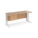 Maestro 25 straight desk 1600mm x 600mm with 2 drawer pedestal - white cable managed leg frame and beech top