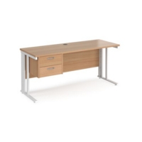 Maestro 25 straight desk 1600mm x 600mm with 2 drawer pedestal - white cable managed leg frame and beech top