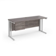 Maestro 25 straight desk 1600mm x 600mm with 2 drawer pedestal - white cable managed leg frame leg and grey oak top