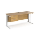 Maestro 25 straight desk 1600mm x 600mm with 2 drawer pedestal - white cable managed leg frame and oak top