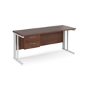 Maestro 25 straight desk 1600mm x 600mm with 2 drawer pedestal - white cable managed leg frame and walnut top