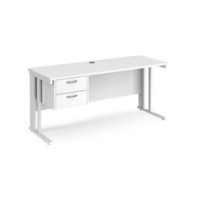 Maestro 25 straight desk 1600mm x 600mm with 2 drawer pedestal - white cable managed leg frame and white top