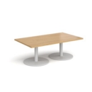 Monza rectangular coffee table with flat round white bases 1400mm x 800mm - oak