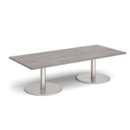 Monza rectangular coffee table with flat round brushed steel bases 1800mm x 800mm - grey oak