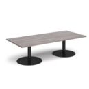 Monza rectangular coffee table with flat round black bases 1800mm x 800mm - grey oak