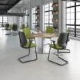 Monza circular dining table with flat round brushed steel base 800mm - beech