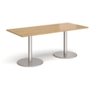 Monza rectangular dining table with flat round brushed steel bases 1800mm x 800mm - oak