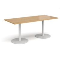 Monza rectangular dining table with flat round white bases 1800mm x 800mm - oak