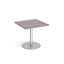 Monza square dining table with flat round brushed steel base 800mm - grey oak