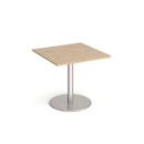 Monza square dining table with flat round brushed steel base 800mm - kendal oak
