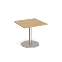Monza square dining table with flat round brushed steel base 800mm - oak