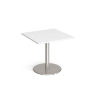 Monza square dining table with flat round brushed steel base 800mm - white