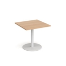 Monza square dining table with flat round white base 800mm - beech