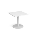 Monza square dining table with flat round white base 800mm - white