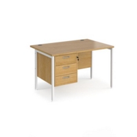 Maestro 25 straight desk 1200mm x 800mm with 3 drawer pedestal - white H-frame leg and oak top