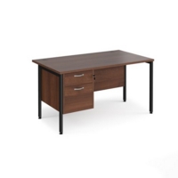 Maestro 25 straight desk 1400mm x 800mm with 2 drawer pedestal - black H-frame leg and walnut top