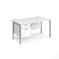 Maestro 25 straight desk 1400mm x 800mm with 2 drawer pedestal - silver H-frame leg and white top