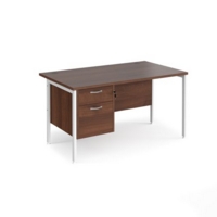 Maestro 25 straight desk 1400mm x 800mm with 2 drawer pedestal - white H-frame leg and walnut top