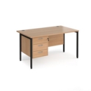 Maestro 25 straight desk 1400mm x 800mm with 3 drawer pedestal - black H-frame leg and beech top