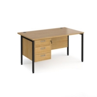 Maestro 25 straight desk 1400mm x 800mm with 3 drawer pedestal - black H-frame leg and oak top