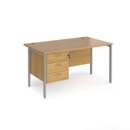 Maestro 25 straight desk 1400mm x 800mm with 3 drawer pedestal - silver H-frame leg and oak top