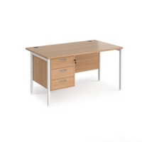 Maestro 25 straight desk 1400mm x 800mm with 3 drawer pedestal - white H-frame leg and beech top