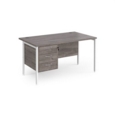 Maestro 25 straight desk 1400mm x 800mm with 3 drawer pedestal - white H-frame leg and grey oak top