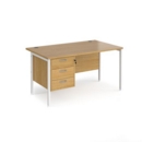 Maestro 25 straight desk 1400mm x 800mm with 3 drawer pedestal - white H-frame leg and oak top