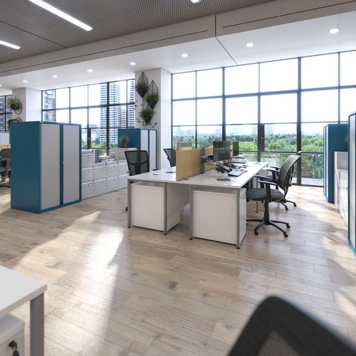 Maestro 25 straight desk 1600mm x 800mm with 2 and 3 drawer pedestals - silver H-frame leg and grey oak top