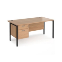 Maestro 25 straight desk 1600mm x 800mm with 2 drawer pedestal - black H-frame leg and beech top