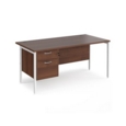 Maestro 25 straight desk 1600mm x 800mm with 2 drawer pedestal - white H-frame leg and walnut top