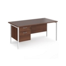 Maestro 25 straight desk 1600mm x 800mm with 2 drawer pedestal - white H-frame leg and walnut top