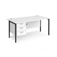 Maestro 25 straight desk 1600mm x 800mm with 3 drawer pedestal - black H-frame leg and white top