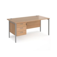 Maestro 25 straight desk 1600mm x 800mm with 3 drawer pedestal - silver H-frame leg and beech top