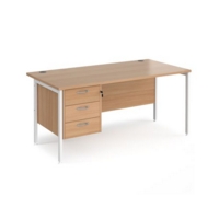 Maestro 25 straight desk 1600mm x 800mm with 3 drawer pedestal - white H-frame leg and beech top