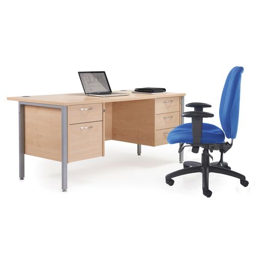 Maestro 25 straight desk 1800mm x 800mm with 2 drawer pedestal - silver H-frame leg and walnut top