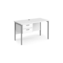 Maestro 25 straight desk 1200mm x 600mm with 2 drawer pedestal - silver H-frame leg and white top
