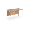 Maestro 25 straight desk 1200mm x 600mm with 2 drawer pedestal - white H-frame leg and beech top