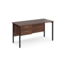 Maestro 25 straight desk 1400mm x 600mm with 2 drawer pedestal - black H-frame leg and walnut top