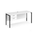 Maestro 25 straight desk 1600mm x 600mm with 2 drawer pedestal - black H-frame leg and white top