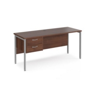Maestro 25 straight desk 1600mm x 600mm with 2 drawer pedestal - silver H-frame leg and walnut top